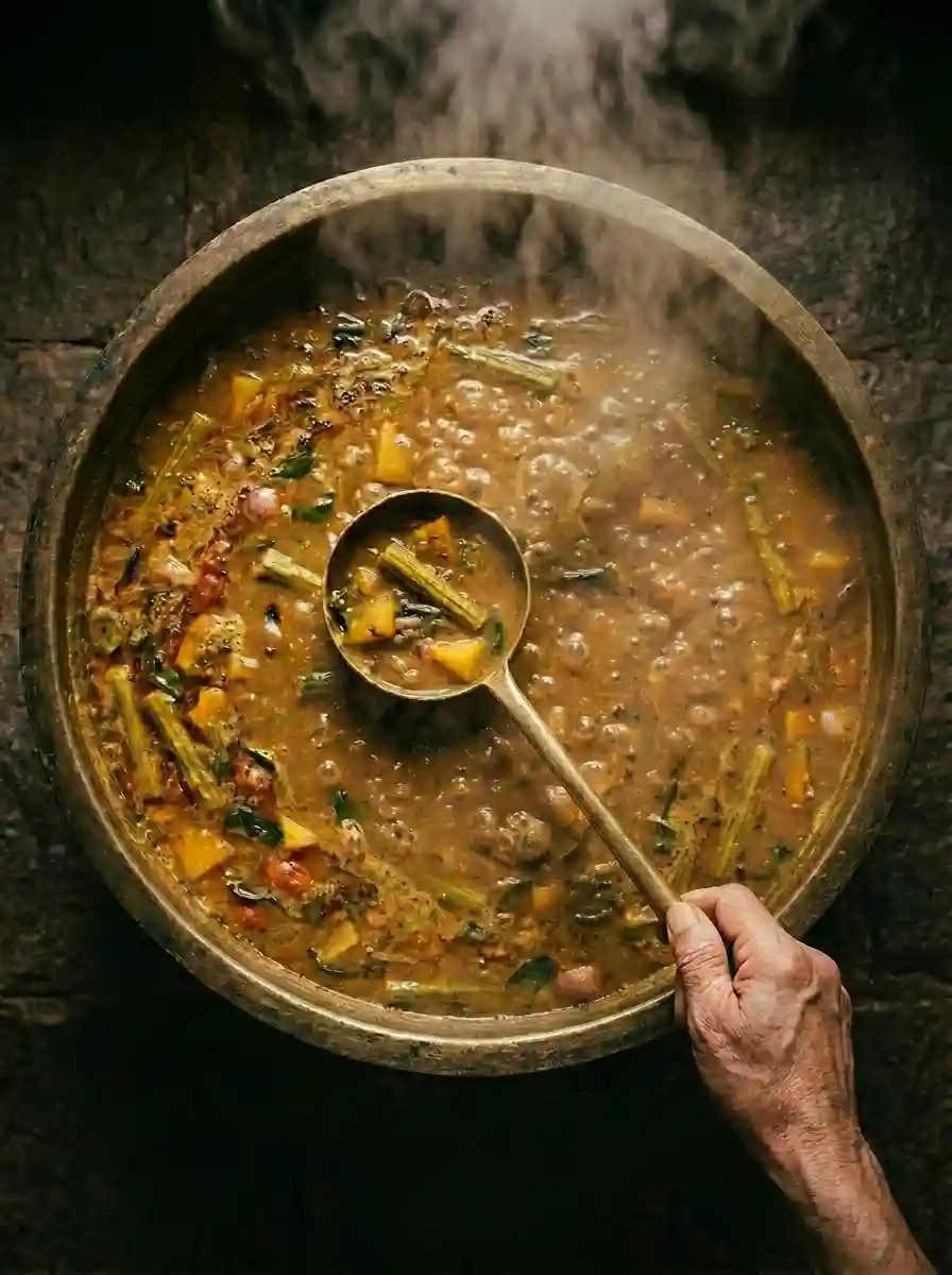 Brass uruli with steaming Kadamba sambar — freshly prepared orthodox Tamil Brahmin samayal by mysri, Chennai