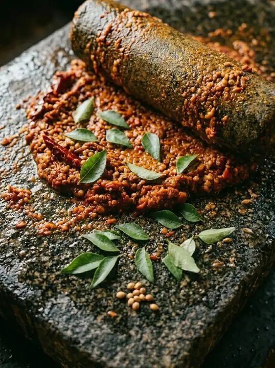 Ammikallu — freshly ground arachivitta sambar paste on a Tamil stone grinder. mysri orthodox Brahmin catering Chennai